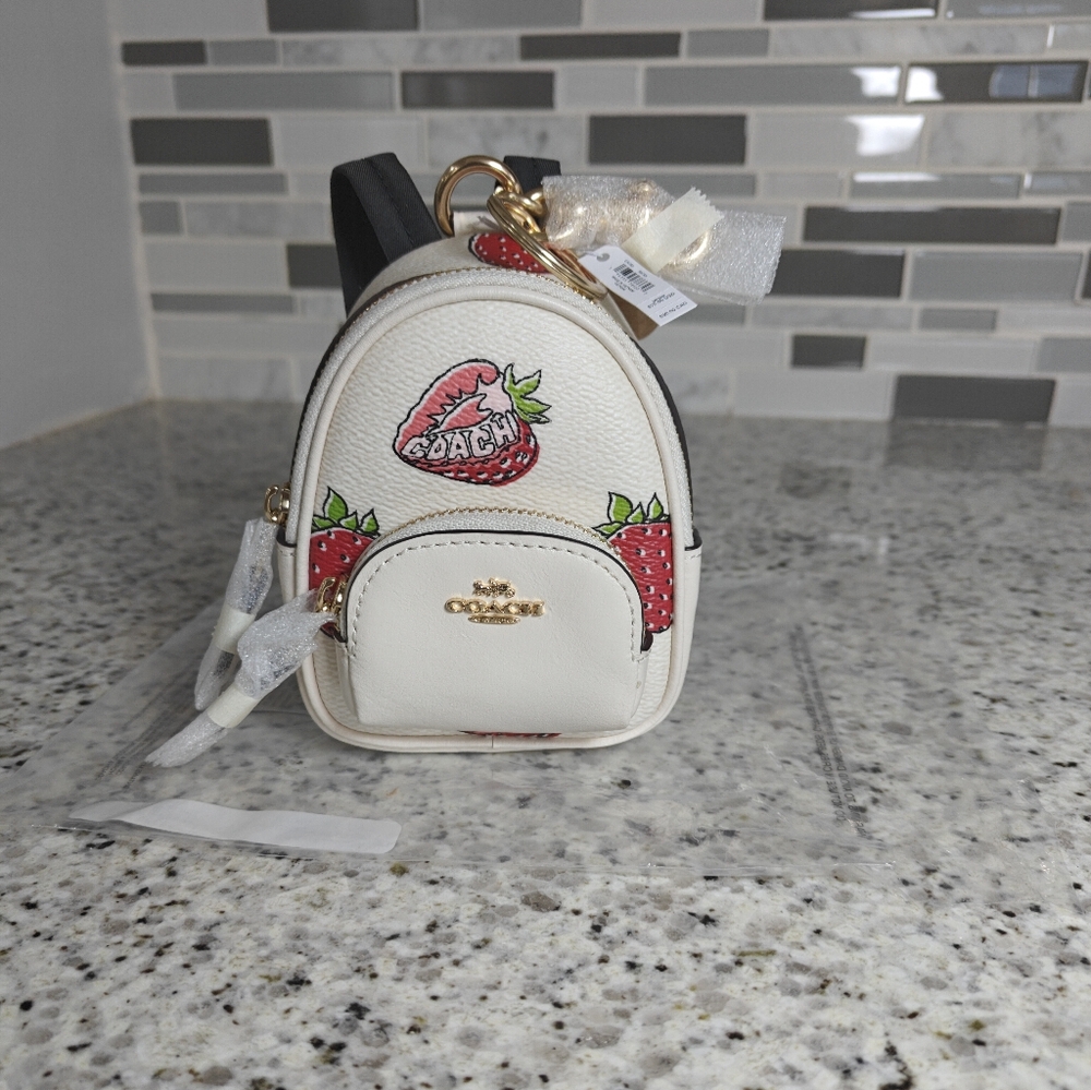 Mini Court Backpack Bag Charm With Strawberry Print